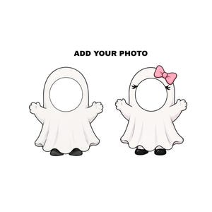 May include: Two cartoon ghost cutouts with face openings, ready for photo insertion. One ghost has a pink bow. The text "ADD YOUR PHOTO" is above the cutouts. The ghosts are white with black shoes.