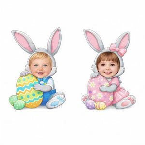 Plantilla de foto de conejito de Pascua – Niño y niña PNG, manualidad infantil (descarga digital)