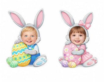 Easter Bunny Photo Template – Boy & Girl PNG, Kids Craft (Digital Download)