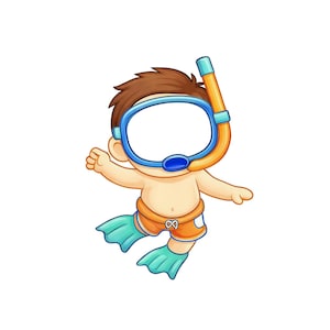 Op de afbeelding: Cartoon illustratie van een persoon met een blauw en oranje snorkelmasker en snorkel, een oranje zwembroek en turquoise vinnen. De persoon heeft bruin haar en bevindt zich in een zwemhouding.