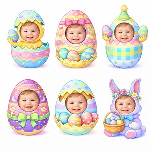 Könnte beinhalten: Sechs Illustrationen mit einem Babygesicht in verschiedenen Ei- und Hasenkostümen. Die Eier sind mit Pastellfarben und Mustern verziert, und das Hasenkostüm enthält einen Korb mit Eiern. Ein fröhliches Thema.