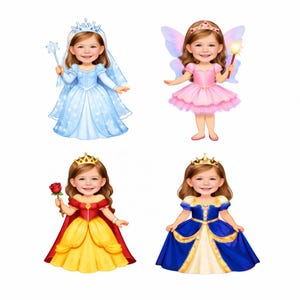 May include: Four illustrations of a smiling child dressed in fantasy costumes. The costumes include a blue princess dress with a crown, a fairy with pink wings and dress, a yellow and red dress with a rose, and a blue and gold dress with a crown.