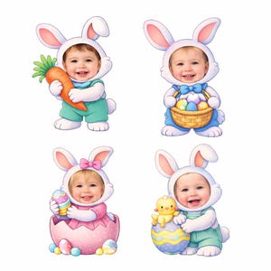 Op de afbeelding: Vier illustraties van baby's in paashaaskostuums. Eén houdt een wortel vast, een ander een mand met eieren, een derde een paasei en de laatste een kuiken en een ei. Elke baby lacht en draagt een konijnenmuts.