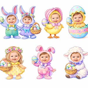 以下が含まれることがあります： イースターをテーマにした衣装を着た赤ちゃんの水彩イラストのコレクション。衣装にはウサギ、ヒヨコ、子羊が含まれており、それぞれイースターエッグまたはバスケットを持っています。イラストは柔らかいパステルカラーパレットを使用しています。
