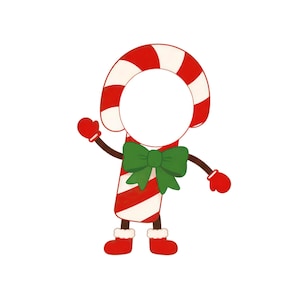 May include: A candy cane character with a large circular cutout for a face. The figure features red and white diagonal stripes, a large green bow tie, red mittens, and red boots with white trim. The arms are extended outward in a waving pose.