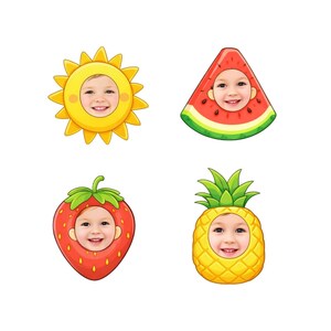 Pode incluir: Quatro ilustrações de desenhos animados do rosto de uma criança dentro de um sol, uma fatia de melancia, um morango e um abacaxi. O sol é amarelo com um rosto sorridente. A melancia é vermelha com casca verde. O morango é vermelho com folhas verdes. O abacaxi é amarelo com folhas verdes.