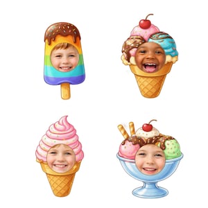 Pode incluir: Quatro guloseimas de sorvete coloridas com rostos de crianças no lugar do sorvete. Os doces incluem um picolé arco-íris, uma casquinha de waffle com três bolas, um cone rosa com redemoinhos e um sundae em uma tigela azul.
