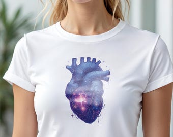 Kosmisches Herz T-Shirt: Surreales Galaxie-Grafik-T-Shirt, lebendige Farben