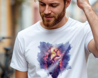 Kosmisches Herz T-Shirt: Lebendiges Galaxie-Grafik-T-Shirt, surreale Kunst