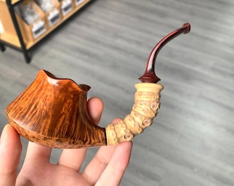 Handmade Bamboo-Style Tobacco Pipe | Spanish Briar Wood | Curved Vulcanized Stem | Unique Knotted Shank | 3mm Filter  | 124mm | 77.6g