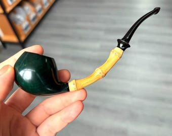 Handmade Bamboo Shank Tobacco Pipe: Emerald Green Briar Apple Bowl