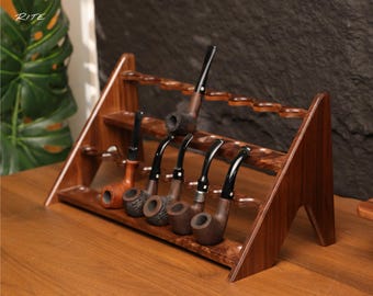Handmade Walnut 16-Slot Pipe Rack, 2-Tier Wooden Pipe Holder