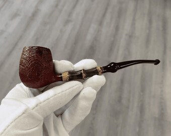 Handmade Briar Wood Bamboo Tobacco Pipe–Red Sandblast Finish, 3mm Filter, Polished Dyed Surface, Vintage Smoking Pipe Gift for Men Collector