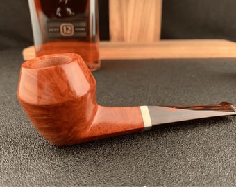Luxury Handmade Dunhill 4217 Style Pipe | Spanish Briar Root | 925 Silver Ring | Classic Bent Ox Horn Stem | Smooth Grain | 38g Gift Pipe
