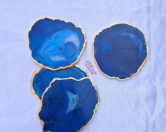 Electroplated Gold Edge Blue Agate Coaster: Unique Crystal Slice