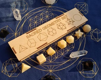 7-Pieces Honey Calcite Solids Sacred Geometric Platonic Set Balancing Geometry