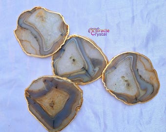 Brown Agate Coaster with Gold Edge, Unique Tableware