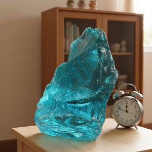 Puede incluir: Una gran escultura de vidrio turquesa translúcido de forma irregular. La obra de arte está sobre una mesa de madera clara junto a un despertador plateado. La escultura tiene un aspecto texturizado y cristalino, que capta la luz.