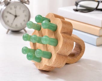 Natural Green Aventurine Round Flower Comb Hair Massage Wooden Handle Healing &Meditation Tool