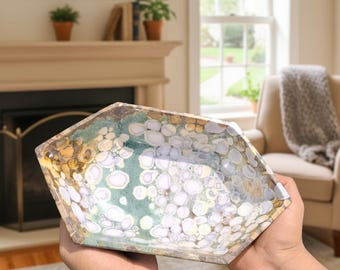 Ocean Jasper Hexagonal Bowl: Madagascar Orbicular Jasper, Carved Crystal
