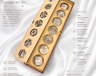Clear Quartz Sacred Geometry Set: 7 Healing Crystals with Grid & Box
