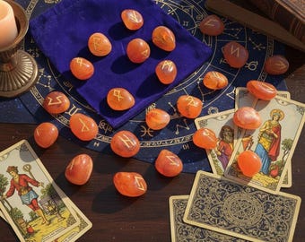 Red Carnelian Runic Alphabet Engraved Spiritual Elder Futhark Runes (Set of 25) Handcrafted Meditation Altars Tool
