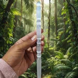 May include: A clear crystal wand, elongated with a rounded top and a pointed end. The wand has decorative rings along its length. The background is a lush, green forest scene.