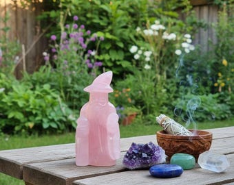 Pink Rose Quartz Crystal Magical Merlin Figurine Home Decor Showpiece