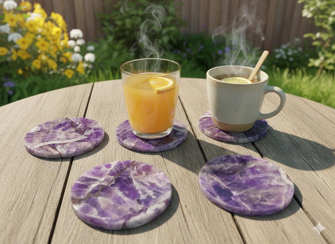 Natural Purple Amethyst Resin Polished Round Coaster Table Ware Coaster ...
