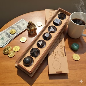 May include: A wooden box set containing seven dark geometric shapes. The shapes include a sphere, a star, a dodecahedron, a cube, a tetrahedron, and a pyramid. The box is next to a cup of coffee, a green stone, and a small Buddha statue.