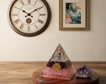Rhodonite Pencil Orgonite Pyramid, Garnet & Rose Quartz Chips