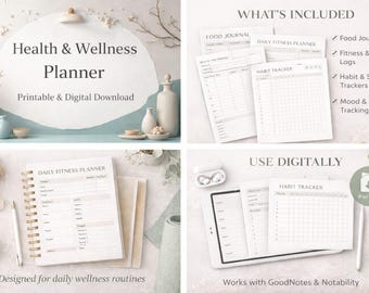 Health and Fitness Planner Printable | Wellness Tracker, Workout Log, Habit & Meal Planner | Digital Download