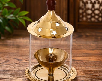 SweetVibeHome Premium Brass Diya Lamp with Glass Cover, Decorative Star Lid Oil Lamp for Pooja, Diwali, Home Decor Gift Item