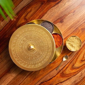 Pure Brass Masala Box with Lid – Handmade Indian Spice Container | 7 Bowls + 1 Spoon | Traditional Brass Spice Dabba Storage