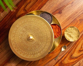 Pure Brass Masala Dabba Spice Box with Spoon, 7 Containers, Indian Kitchen Storage