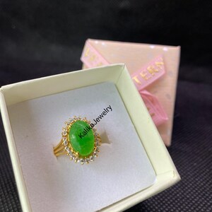 AAA Jade Ring: Diamond Halo, 14k Yellow Gold Plated Sterling Silver ,