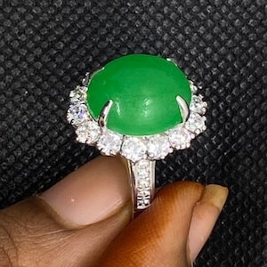 Victorian Jade Ring: Diamond Halo, 14k White Gold Plated Sterling Silver