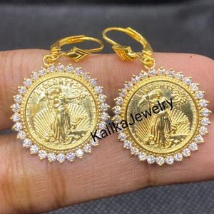 Art Deco Coin Earrings: Moissanite, 14k Yellow Gold Plated Sterling Silver