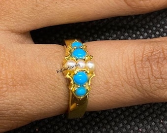 Vintage Victorian 1Ct Round Cut Natural Turquoise And Pearls Wedding Ring, Sterling Silver 925 , Turquoise Ring