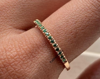 Vintage Emerald Eternity Band Ring Wedding Ring : 14k Gold Plated Sterling Silver