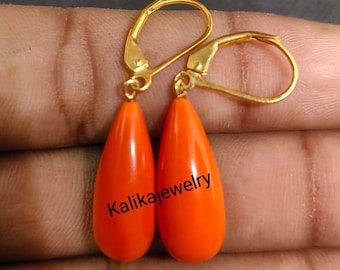 Art Deco Coral Drop Earrings: 14k Yellow Gold Plated, Handmade