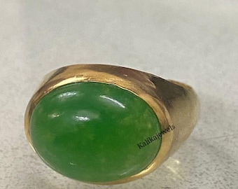 Art Deco Natural Jade Men's Ring: 14k Yellow Gold Plated Sterling Silver Vintage Ring
