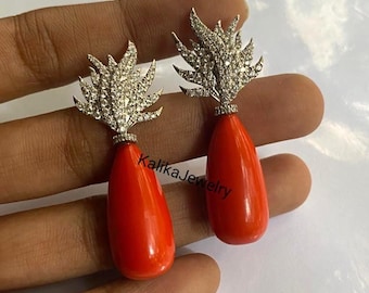 Handmade Art Deco Coral Drop Earrings: 14k White Gold Plated