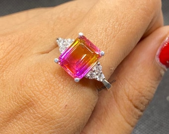 Vintage Emerald Cut Ametrine Bridal Ring For Women Silver 925 Ametrine Engagement Ring Art Deco Ametrine Gemstone Ring Wedding Gift For Her