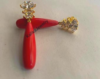 Victorian Red Coral Drop Earrings: 14k Yellow Gold Plated