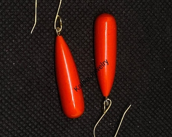 Vintage Coral Dangle Drop Earrings: 14k Yellow Gold Plated Sterling Silver, Handmade