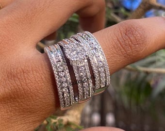 Lab Created Diamond His & Her Bands Sterling Silver 925 Wedding Trio Ring Set, Bridal Ring Jewelry Wedding Bands - Bridal Set