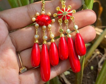Victorian ,Vintage Earring ,Orange Handmade Earrings, Coral Dangle Earrings Jewelry Gift for Her, Antique Coral ,14k Yellow Gold Finish
