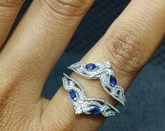 Sapphire Ring Enhancer 14K Gold Curved Wedding Band for Women Marquise Sapphire Ring Guard Jacket Art Deco Stacking Band Anniversary Gift