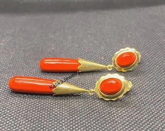 Handmade Art Deco Coral Drop Earrings: 14k Yellow Gold Plated